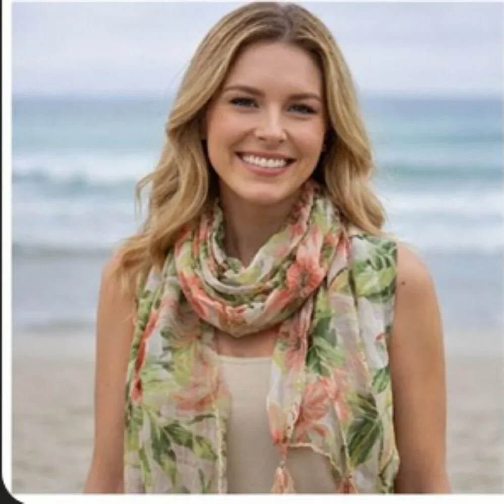 🌿 Sheer Botanical Floral Scarf with Tassels | Lightweight & Elegant